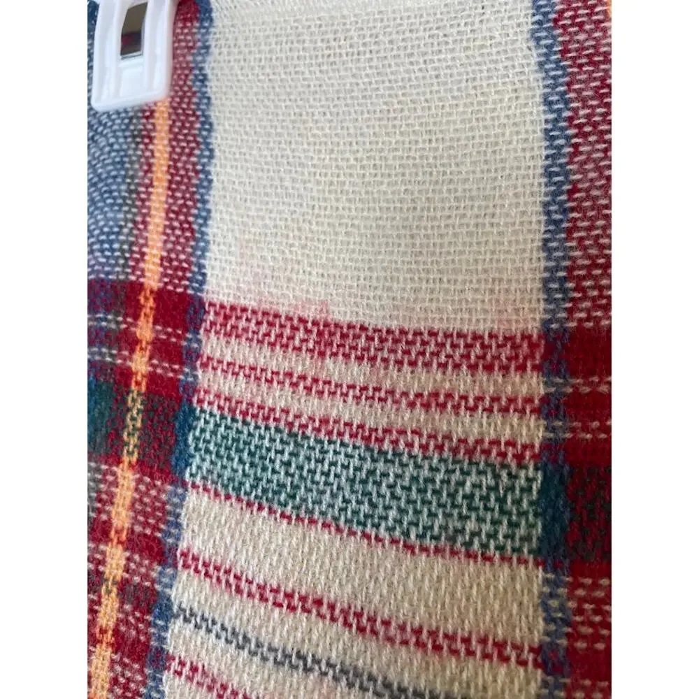 Womens Red Plaid Neck Scarf Cream Fringe Countryside‎ Prep Square Wrap